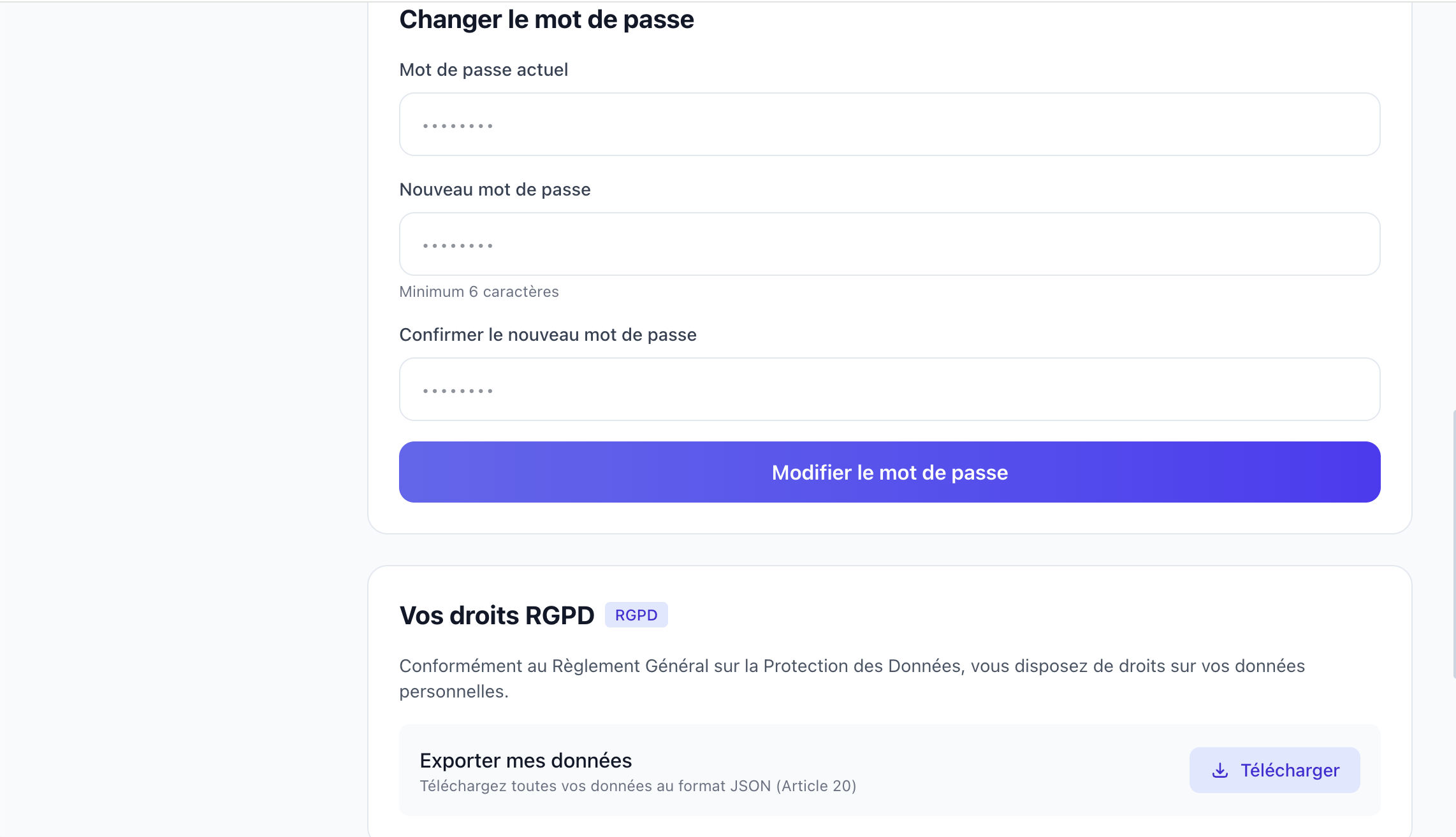 Capture d'ecran de la rubrique securite MaQuittance